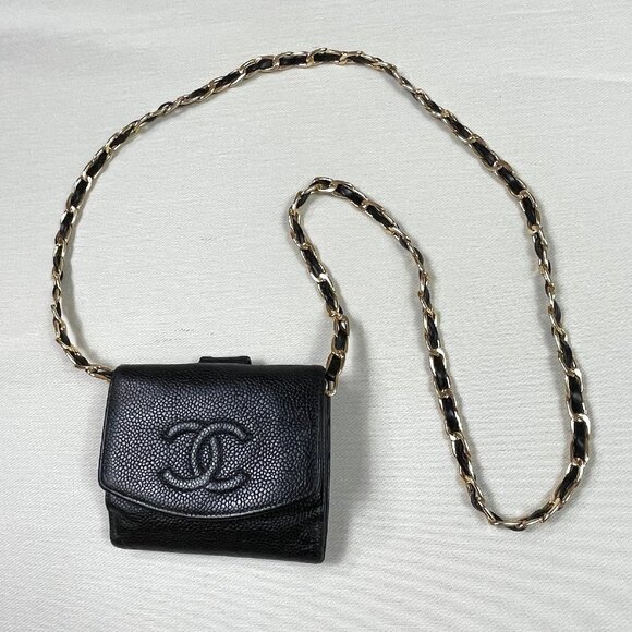 Chanel black caviar leather CC Logo trifold wallet on chain - Picture 3 of 13